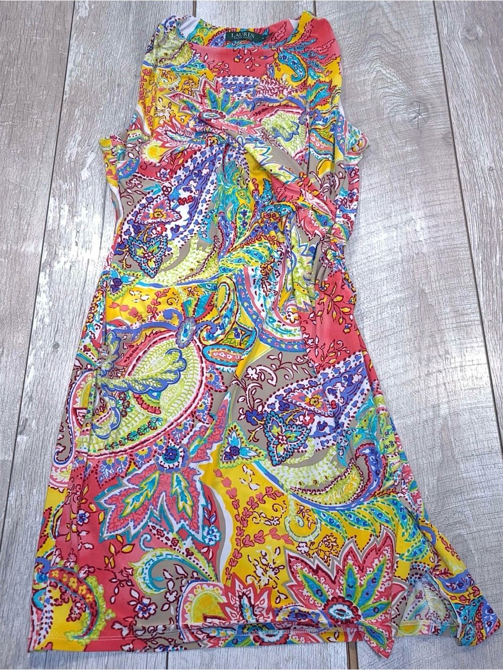 Lauren Ralph Lauren Coral Yellow Multicolor Paisley Sleeveless Dress 14 slim